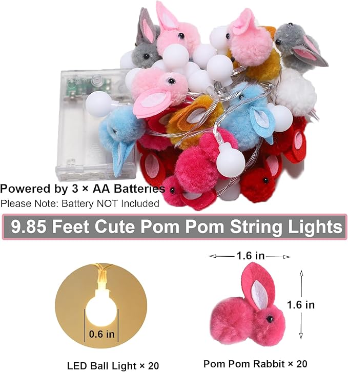 9.85Ft Easter Decor String Lights with Timer 20 Rabbit Shaped Pompoms 20 Ball LED Garland Battery Operated Easter Decorations Bunny Lights for Home Party Kids Room Bedroom Birthday Wedding Indoor-CasaMuseHome