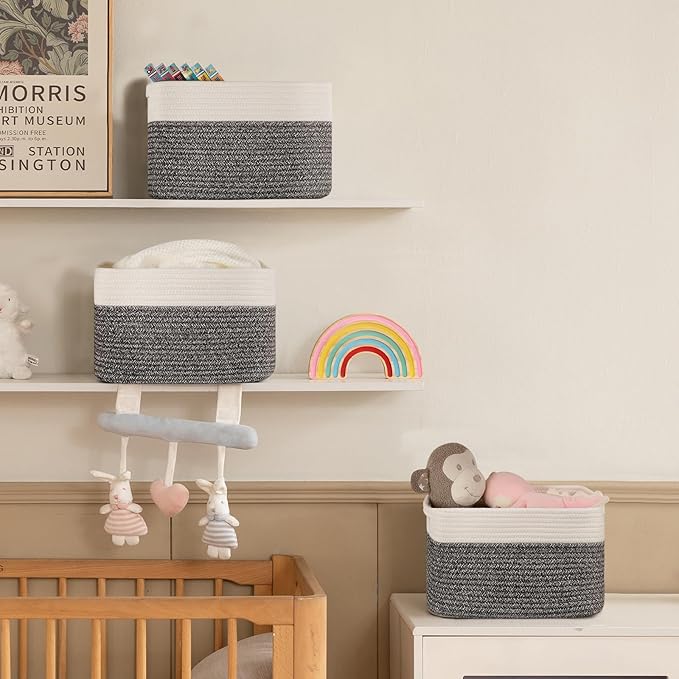 4 Pack Storage Baskets for Organizing, Woven Baskets for Shelves - Perfect for Toys, Books, Towels, and Clothes, Durable Gift Basket Bins Toy Storage, 13''Lx9''Wx7.8''H, Black & White-CasaMuseHome