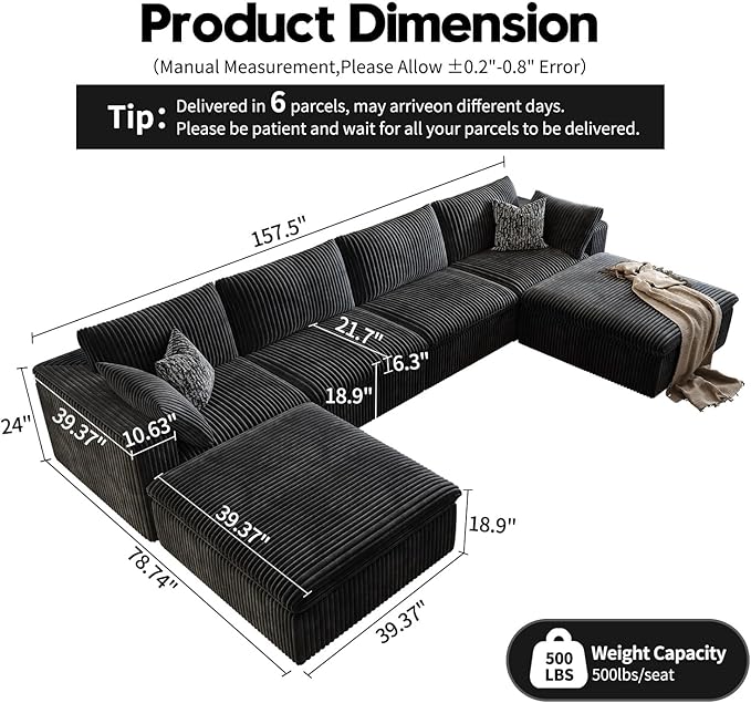 157.5" Cloud Couch Oversized Modular Sectional Sofa for Living Room,Modern Sofa with Deep Seat，U-Shape Boneless Couch with 2 Ottoman,Comfy Upholstered Couches for Apartment, Studio, Office,Black-CasaMuseHome