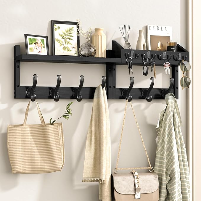 29" Coat Rack Wall Mount with Shelf, 4 in 1 Wall Mounted Coat and Key Hanger with 11 Hooks, Entryway Key Holder with Mail Holder for Living Room, Bedroom, Black-CasaMuseHome