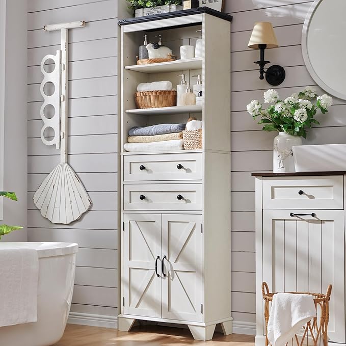 72" Tall Bathroom Storage Cabinet, Farmhouse Storage Cabinet with 2 Drawers, Adjustable Shelves & Barn Door, Cabinet for Bathroom, Living Room, Kitchen, Off White-CasaMuseHome
