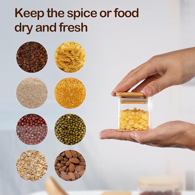 5oz Airtight Square Spice Containers with Bamboo Lid Set of 12 with Black Lables Storage Stackable Spice Jar, Kitchen Canister for Sugar, Tea, Flour, Salt and Seasonings (‎Clear Glass)-CasaMuseHome