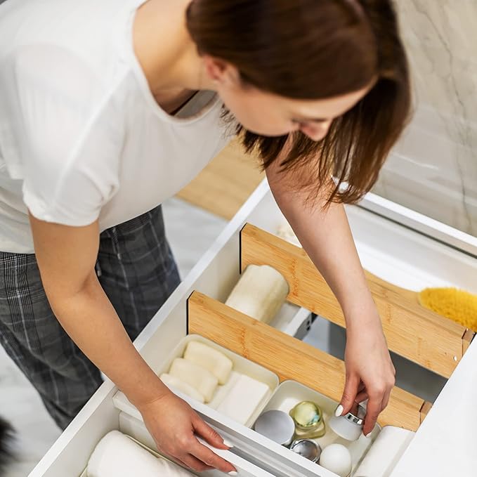 7 Pcs Adjustable Bamboo Drawer Dividers Expandable Drawer Organizers Cutlery Tray Spring Separators Organization for Kitchen Bedroom Bathroom Dresser Office-CasaMuseHome