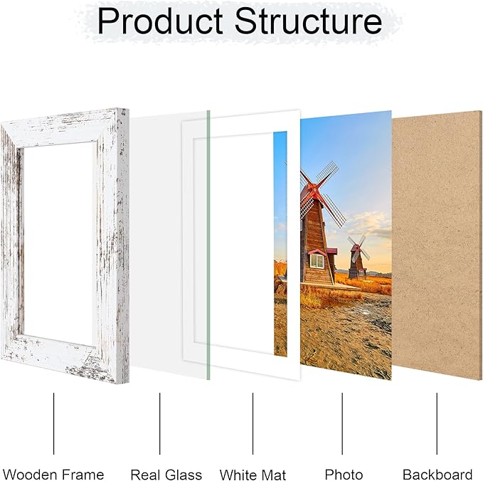 4x6 Picture Frame Set of 4, 4 x 6 Wood Photo Frames with Mat for 3.5x5, Rustic Natural Wooden Frame with Real Glass Cover for Wall and Tabletop Display,Distressed White-CasaMuseHome