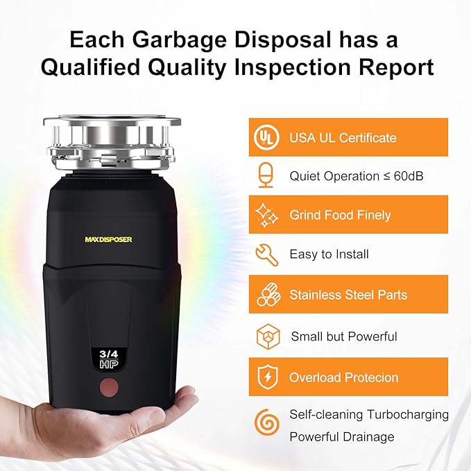A600 Garbage Disposal 3/4 HP for Kitchen Sink, Food Waste Disposer Fast Continuous Feed Stainless Steel Grind, Quiet, Ease Install, With Power Cord, Powerful Drainage Compact Design 0.75 Horsepower-CasaMuseHome