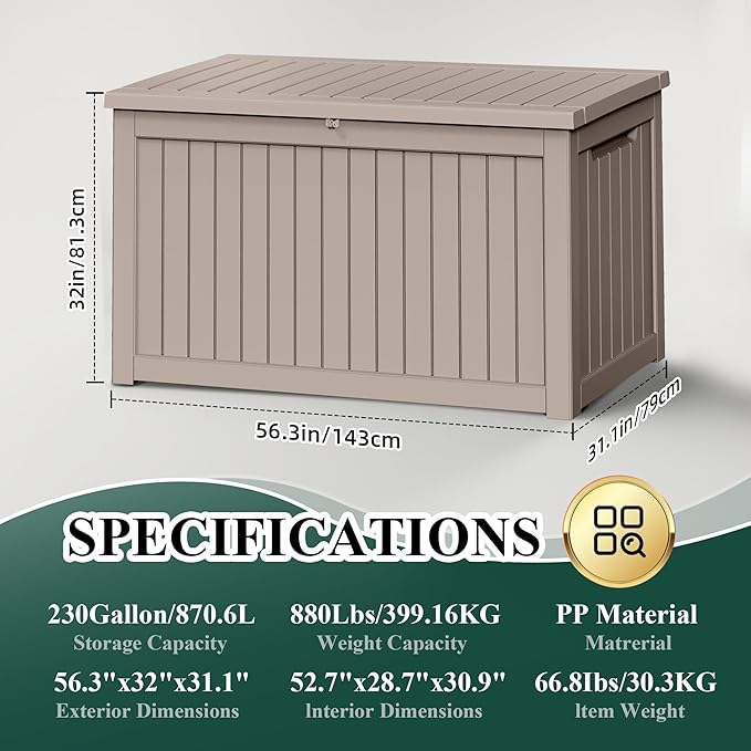 230 Gallon Outside Storage Box, Resin All Weather Storage Cabinet, Large Deck Box for Garden Tools, Patio Furniture, Sports Equipment, Light Brown-CasaMuseHome