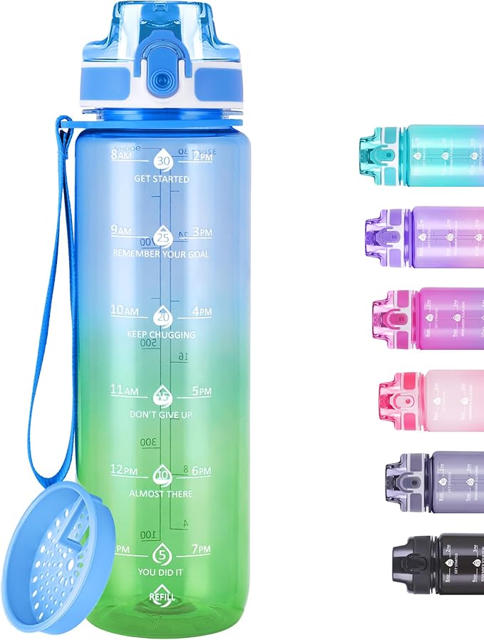 32oz Motivational Water Bottles with Time Marker & Fruit Strainer, Transparent Gradient Color Water Bottle with Times to Drink, Leakproof & BPA Free, Reusable Bottle with Strap (No Straw)-CasaMuseHome