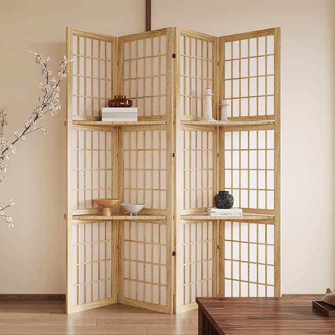 5.6FT Room Divider and Folding Portable Partition Screen, Chinese Japanese Shoji Style with Three Display Shelves for Room Separation - 4 Panel (Natural)-CasaMuseHome