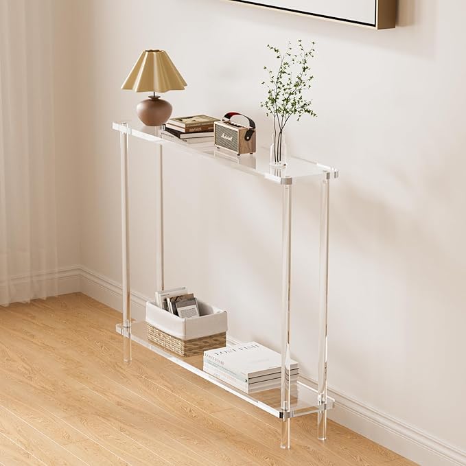 Acrylic Console Table, 2 Tier Acrylic Narrow Console Tables for Entryway,CHICUN, Square Legs, Skinny Console Table for Foyer, Sofa, Living Room,Clear-CasaMuseHome
