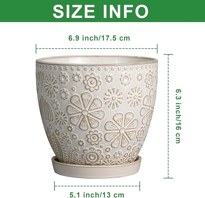 6.9 Inch Plant Pot with Drainage Hole and Saucer Ceramic Planter for Indoor Plant Flower Pot for Orchid Succulents Plants White-CasaMuseHome