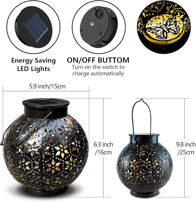 2 Pack Outdoor Solar Lantern Lights, Waterproof Tabletop LED Moroccan Lanterns, Hanging Metal Decorative Garden Lights for Patio, Lawn, Porch, Backyard-CasaMuseHome