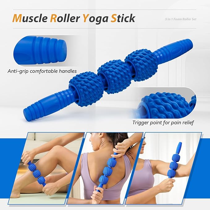 5 in1 Foam Roller Set, Trigger Point Foam Roller, Massage Roller Stick, Massage Ball, Resistance Band for Deep Muscle Massage Pilates Yoga,Fitness Exercise for Whole Body (Pure Blue)-CasaMuseHome