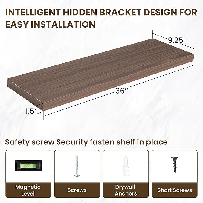 36 Inch Floating Shelves, 36"x9.25"x1.5" Inch Deep Floating Shelves for Wall, Wooden Shelves for Bathroom, Bedroom, Living Room, Walnut-CasaMuseHome
