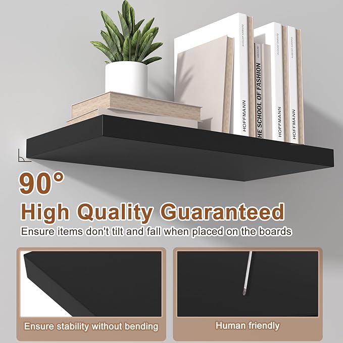 48 Inch Floating Shelf 2 Pack Large Floating Shelves for Wall No Drilling Accessories Included Deep Wall Shelves for Living Room Kitchen Farmhouse 48" W x 12" D x 1.2" Black-CasaMuseHome