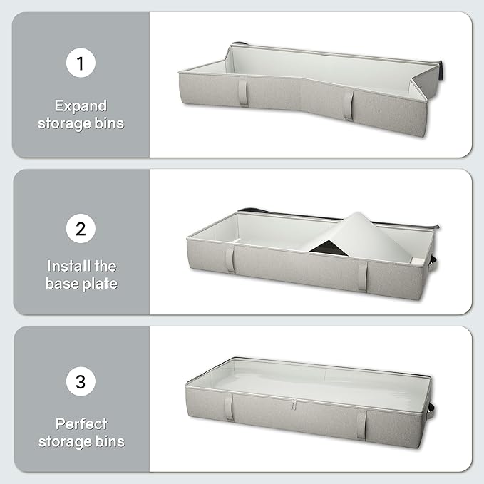 2-Pack Under Bed Storage Containers, 8 Inches Tall Underbed Clothes Storage Organizer Bin with Sturdy Sidewalls/Bottom, Under the Bed Storage Bags 2 Storage Bins, Light Grey-CasaMuseHome