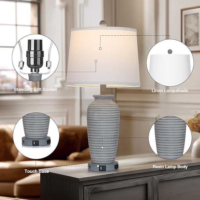 25" Farmhouse Jar Table Lamp Set of 2 Vintage Rustic Lamps for Living Room, Resin Bedside Nightstand Lamps with Linen Lampshades, Retro Pot Lamp for Living Room, Bedroom(LED Bulbs Included)-CasaMuseHome