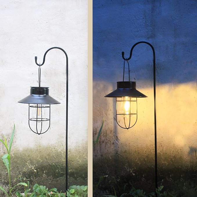 4 Pack Hanging Solar Lantern Lights with Shepherd Hook, Metal Waterproof Warm White Edison Bulb Lights for Garden Outdoor Pathway-CasaMuseHome
