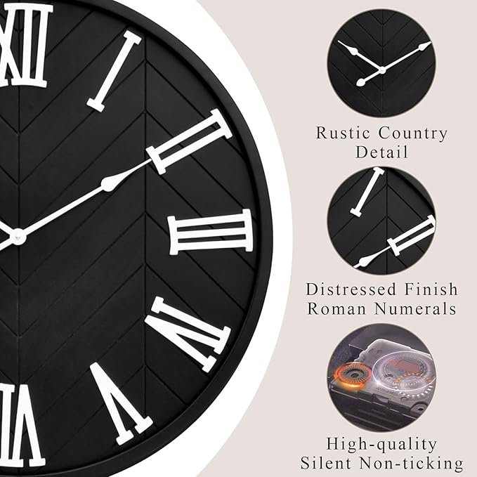 30 Inch Large Wall Clock Farmhouse Style - Black Silent Non-Ticking Rustic Decor for Living Room, Kitchen, Bedroom-CasaMuseHome