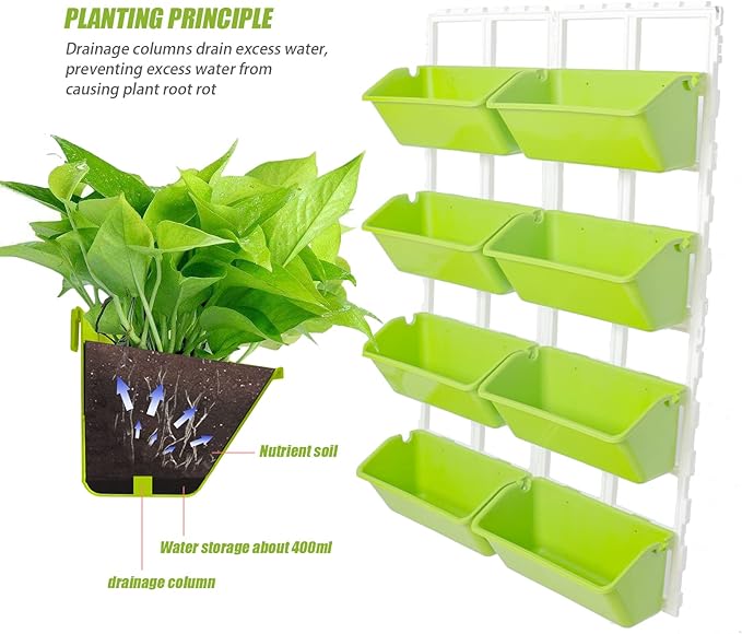 8 Pockets Vertical Planters,Wall Mounted Plastic Plant Grow Pots,Wall Pocket Planters for Indoor,Outdoor,Balcony,Garden Decoration,Light Green-CasaMuseHome