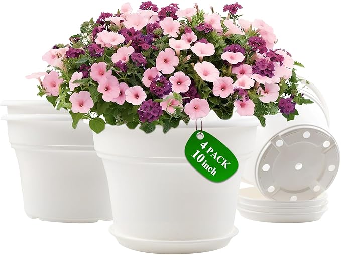 10 Inch Plastic-Flower-Pot-for-Indoor-Plants, 4 Pack Large Outdoor Planter Pot with Drainage Holes & Saucers, Resin Decorative Garden Pots Planters-CasaMuseHome