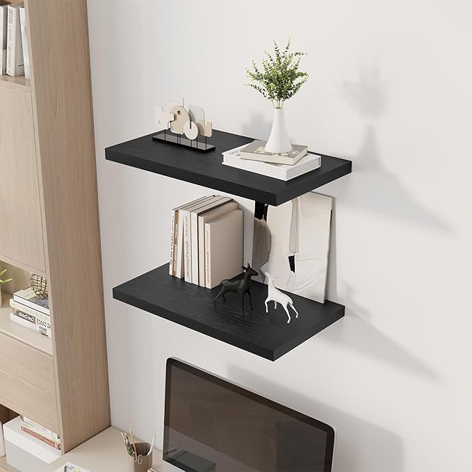 24" Floating Shelves for Wall, 12" Deep Slim Black Floating Shelves, Wall-Mounted Shelves for Bedroom, Living Room, Kitchen, Bathroom - Set of 2-CasaMuseHome