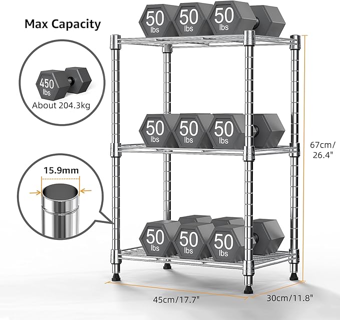 450 lbs Wire Storage Shelving 3-Tier Utility Shelving Unit Steel Organizer Wire Rack for Home,Kitchen,Office,Chrome(11.8" D x 17.7" W x 26.4" H)-CasaMuseHome