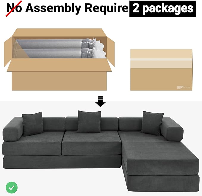 108" Oversized Convertible Sleeper Sofa Bed, Corduroy L Shape Sectional Couch, Folding Sofa Bed with Side Pocket, Modern Cloud Floor Mattress Couch, Modular Sofa for Living Room, Grey-CasaMuseHome