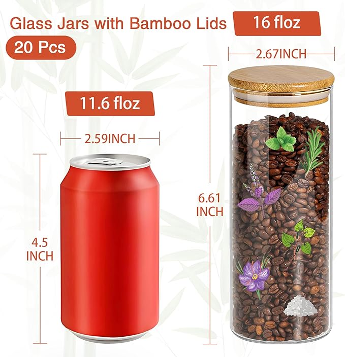 16 oz 20 pcs Glass Jars with Bamboo Lids, Stackable Clear Food Storage Jars, Airtight Kichen Glass Pantry Storage Containers with Lids for Rice, Candy, Sugar, Flour, Nuts, Cookie, Spice-CasaMuseHome