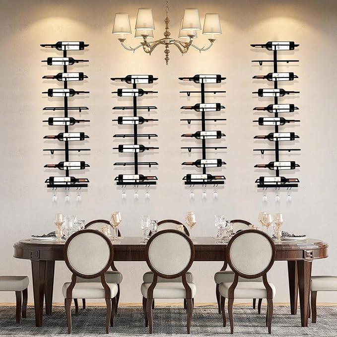 16 Bottle Wall Mount Wine Rack with Wine Glass Holder, Metal Wine Wall Rack, Wall Racks for Wine Bottles Display and Storage, Hanging Bottle Organizer for Living Dining Room Wine Cellar Bar (Black)-CasaMuseHome