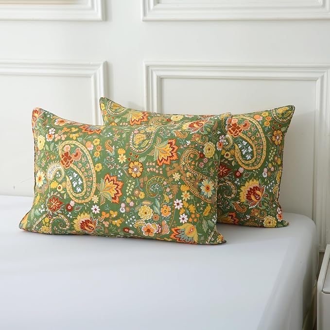 ABREEZE Paisley Bedding Sets 3Pcs Brushed Cotton Duvet Cover Set Queen Size Rustic Damask Green Floral Comforter Cover with Zipper Closure Boho Bedding Collections-CasaMuseHome