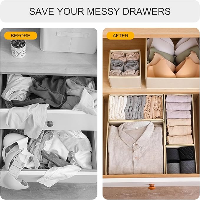 6 Pack Drawer Organizers for Clothing,Fabric Foldable Closet Organizers and Storage Dresser Drawer Dividers Storage Basket Bins for Clothes,Socks,Scarves,Ties,Underwear,Towels-CasaMuseHome
