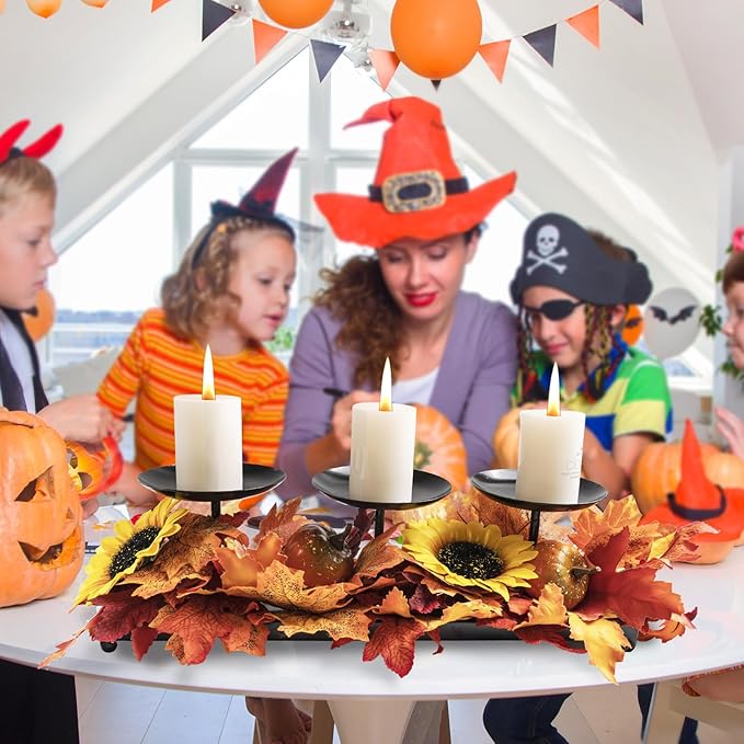 3 Pillar Black Metal Candle Holders for Table Centerpiece, Fall Thanksgiving & Halloween Dining Table, Fireplace Mantel Decor, Tray Candlestick for Living Room Rustic Decorations-CasaMuseHome