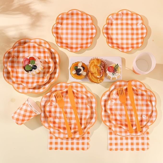 350 Pcs Orange and White Gingham Party Supplies - Orange Gingham Paper Plates and Napkins Sets Serve 50 - Scalloped Checkered Plates for Birthday Picnic Fall Halloween Thanksgivng Party Decorations-CasaMuseHome