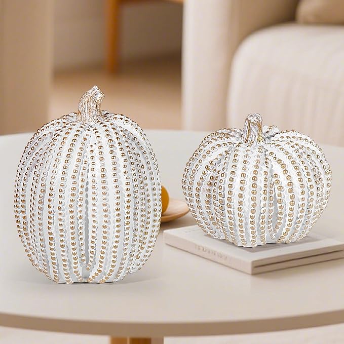 2Pcs Halloween Pumpkin Artificial Resin Pumpkins Decor for Mantel Harvest Autumn Tabletop Decoration Gold Fall Pumpkin Decorations Thanksgiving Table Centerpieces (Set A, ONE Size)-CasaMuseHome
