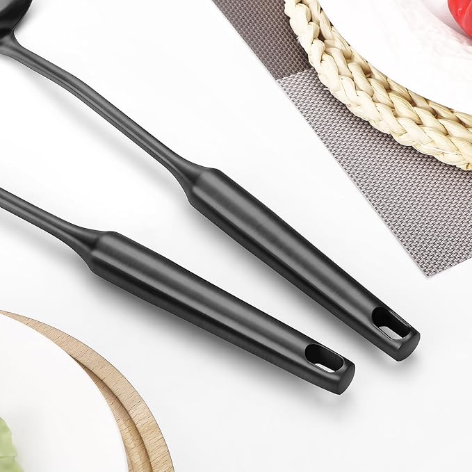 304 Stainless Steel Cooking Utensil,Kitchen Kitchen Utensil with Spatula, Solid Spoon, Ladle, Skimmer, Spaghetti Spoon, 6 Piece Set, Dishwasher Safe(Black)-CasaMuseHome