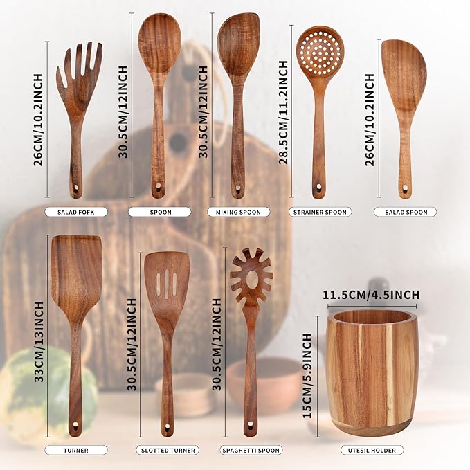 9 PCS Kitchen Utensils Set - Wooden Spoons for Cooking, Natural Teak Wooden Utensils - Includes Wooden Spoons, Spatula Set, Slotted Spoon - Handmade Wooden Spoon Set-CasaMuseHome