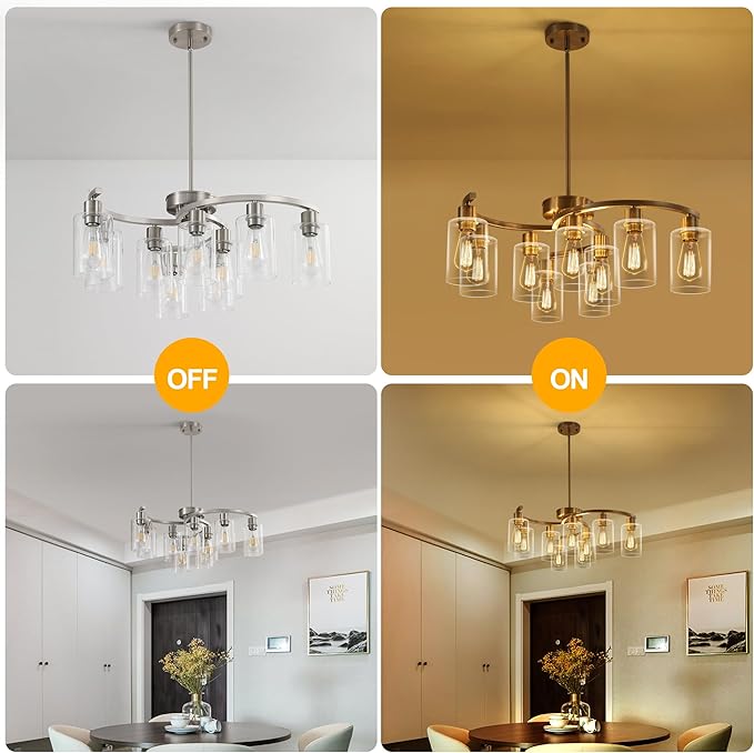 9-Light Brushed Nickel Glass Chandelier, Adjustable Height Hanging Industrial Dining Room Chandelier Over Table, Modern Farmhouse Chandelier for Kitchen Island Living Room Entryway Bedroom-CasaMuseHome
