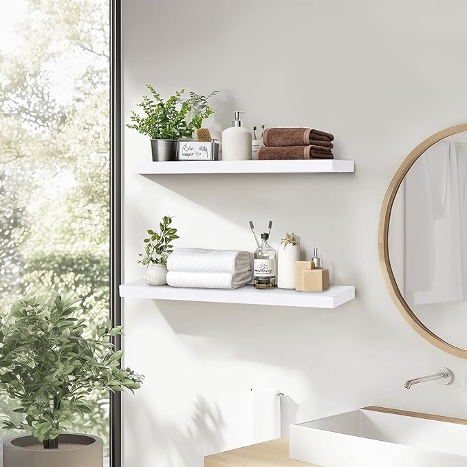 24"x6.8"x1.2" Solid Wood Floating Shelves 2-Pack - Rustic White Finish with Hidden Brackets, Perfect for Storage and Décor in Living Room, Kitchen, Bedroom-CasaMuseHome