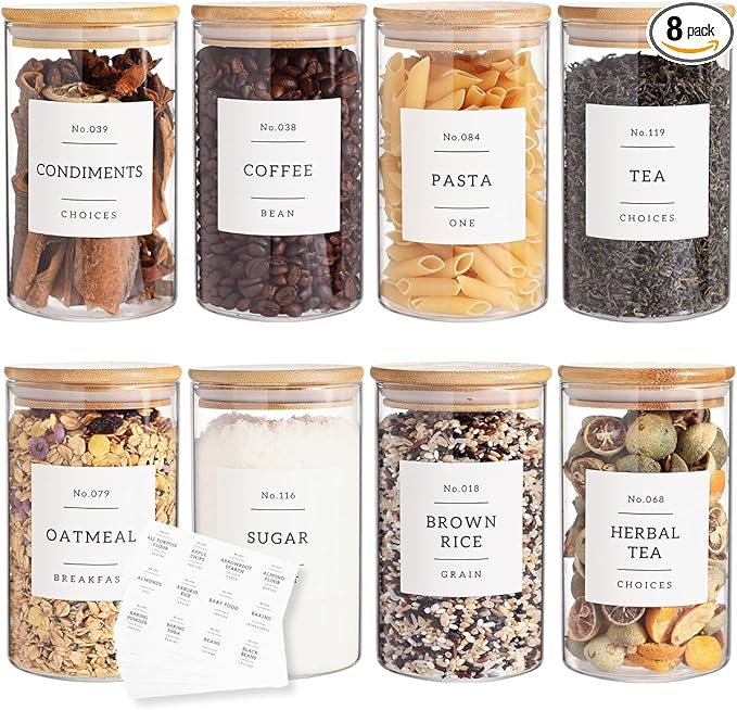 8 Pack Glass Jar with Airtight Bamboo Lid and White 132 Kichen Pantry Labels Preprinted - 21 Oz Clear Round Glass Food Storage Containers set For Tea Coffee Sugar Spice-CasaMuseHome