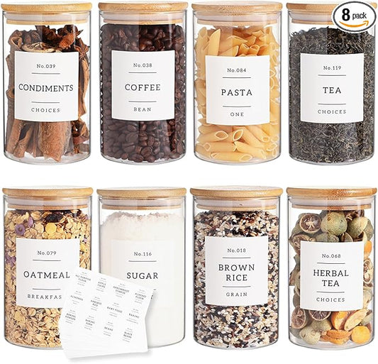 8 Pack Glass Jar with Airtight Bamboo Lid and White 132 Kichen Pantry Labels Preprinted - 21 Oz Clear Round Glass Food Storage Containers set For Tea Coffee Sugar Spice-CasaMuseHome