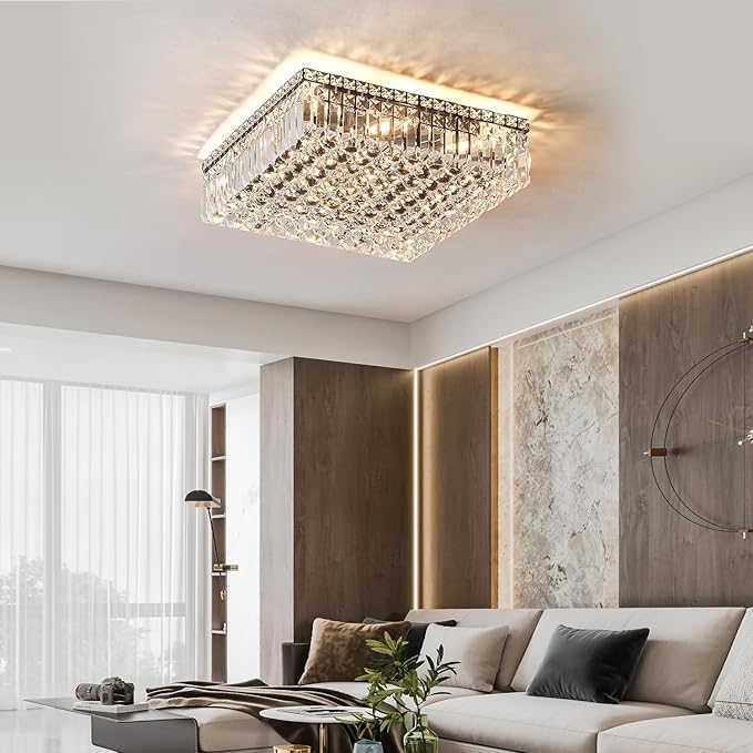 12-Lights Black Crystal Flush Mount Ceiling Light Fixtures,Elegant Crystal Chandelier Pendant Ceiling Lamp for Bedroom,Living Room,Dining Room,Hallway H5.9 x W20 x L20 (Bulb Not Included)Square-CasaMuseHome