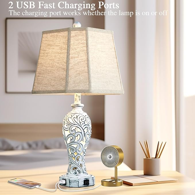 25'' Farmhouse Table Lamps Set of 2 for Living Room Bedroom, 2 USB Ports Rustic Vintage Nightstand Table Lamp with Nightlight, Hollow Out Resin Lamp for End Table (Bulbs Included)-CasaMuseHome