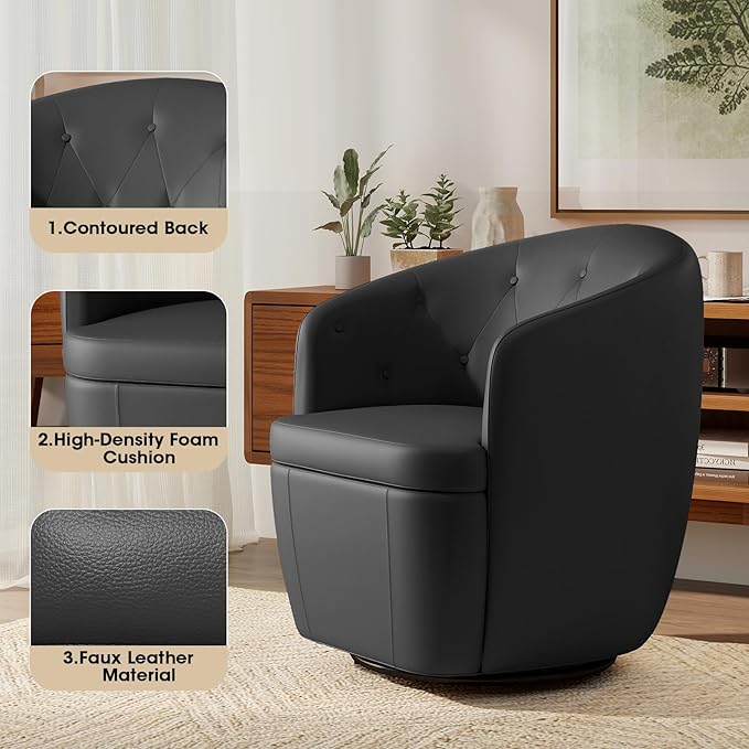 360° Swivel Leather Accent Chair, Modern Barrel Club Chair with Leather Upholstery and Sturdy Base, Comfortable Armchair for Living Room, Bedroom, Reading Nook, Brown-CasaMuseHome