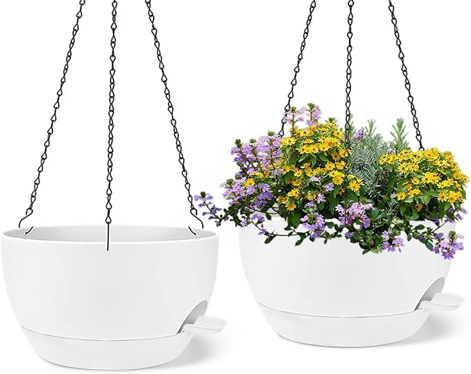 2 Pack 12 Inch Large Hanging Planters with Chains Self Watering White Plastic Hanging Pots for Indoor Outdoor Plants, Garden Porch Home Decor，White-CasaMuseHome
