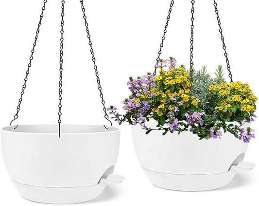 2 Pack 12 Inch Large Hanging Planters with Chains Self Watering White Plastic Hanging Pots for Indoor Outdoor Plants, Garden Porch Home Decor，White-CasaMuseHome