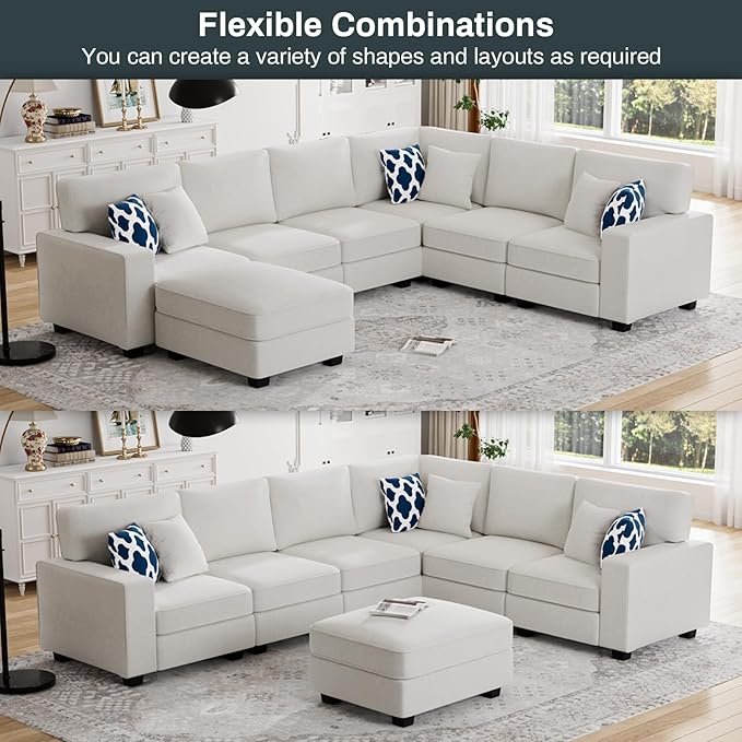 L Lengend Vansen Modular Sectional Sofa U Shaped Couch with Ottoman Modern Reversible Corner Sectional Couch for Living Room (Cream, U Shaped Sofa-2)-CasaMuseHome