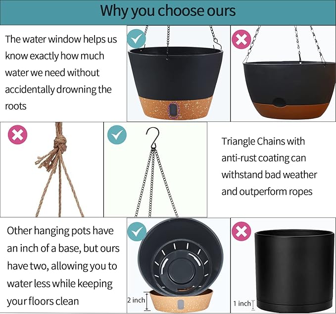 2 Pack Hanging Planters for Indoor Outdoor Plants, 10 Inch Hanging Flower Pot Basket with Drainage Hole with Removable Tray&Hooks Self Watering Plant Pot for Hanging Plants, Dark Grey-CasaMuseHome