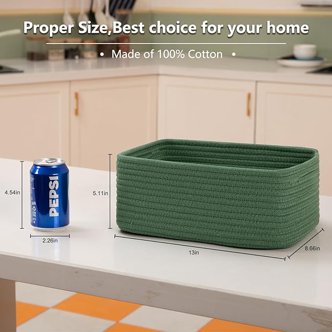 4 Pack Small Storage Shelf Baskets for Organizing, Mini Woven Rope Storage Bins for Towels, Cute Decorative Closet Organizer，Baby Nursery, Gift Empty Baskets -13''Lx8.66''Wx5.11''H-Green-CasaMuseHome