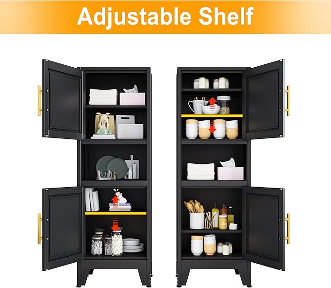 47.24" H Metal Narrow Bathroom Storage Cabinet Pantry Storage Cabinet, 2 Adjustable Shelves for Kitchen, Home Office, Living Room, Dinning Room (Black)-CasaMuseHome