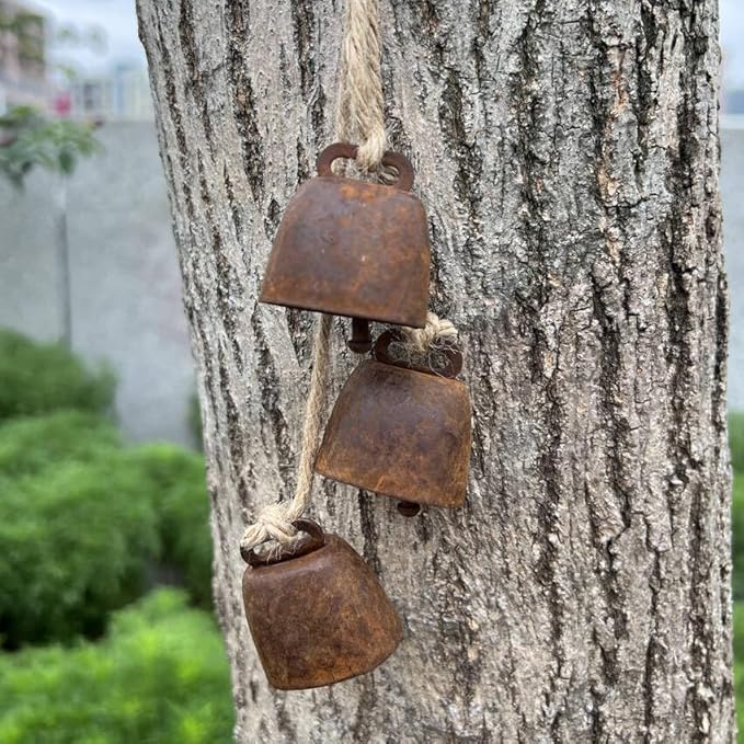 2pc Rustic Charm Bell - Handmade Hemp Rope Wind Chimes Hanging Decoration, Distressed Finish Cow Bell with Jute Hanging Rope, Perfect for Front Door, Outdoor, Window, and Home Decor,-CasaMuseHome